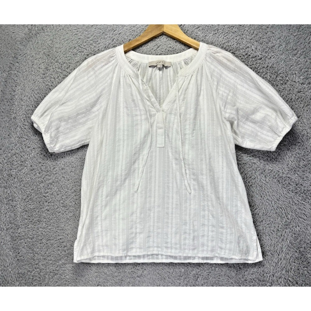 LOFT Womens Small White Cotton Textured Puff Sleeve Peasant Blouse Boho Top